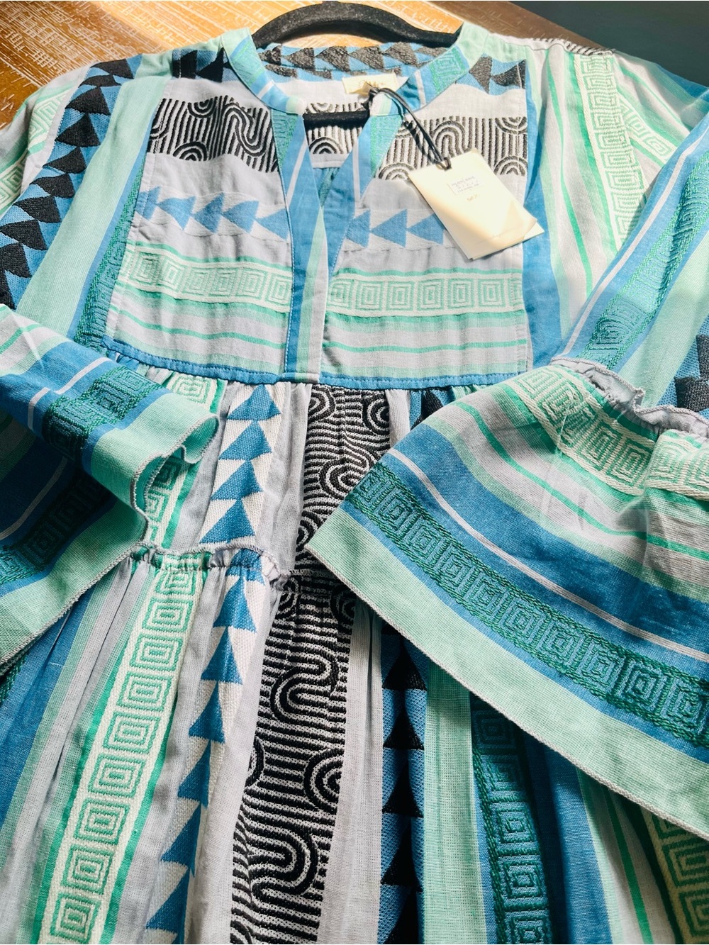 Elan Woman’s blue and green Boho Stripe Tiered Dress - Picture 2 of 8